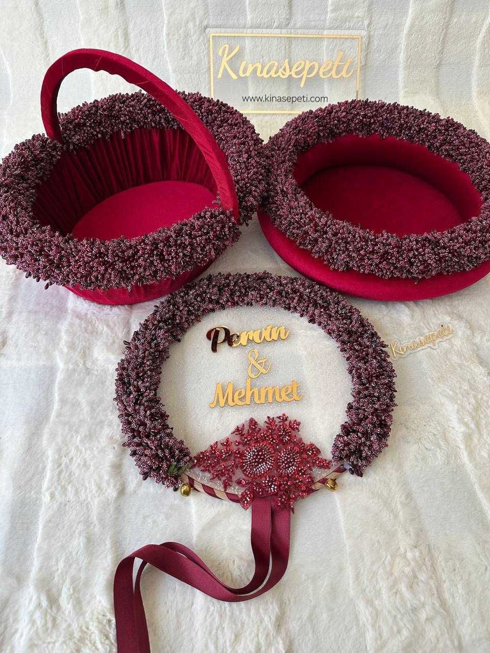 Personalized Burgundy Bud Patterned Henna Set with Plexiglass Tambourine (Tray, Basket, Tambourine with Writing) - hennaset