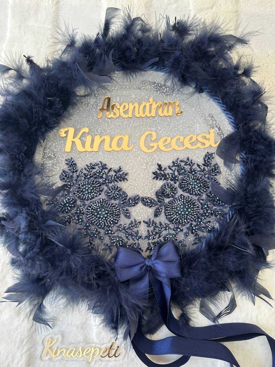 Personalized Navy Blue Bride's Tambourine with Plexiglass Name and Feathers / Modern Henna Tambourine - tamborine