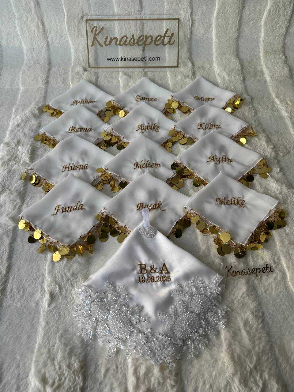 Kişiye Özel İsimli Beyaz Pullu Halay Mendili / Gelin & Nikah Mendili - handkerchief
