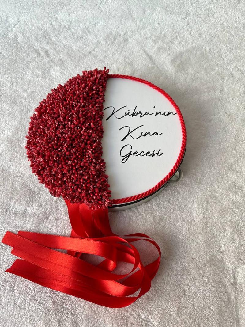 Personalized Red Bride's Tambourine with Writing and Bud Pattern / Luxury Henna Tambourine with Cymbals - tamborine