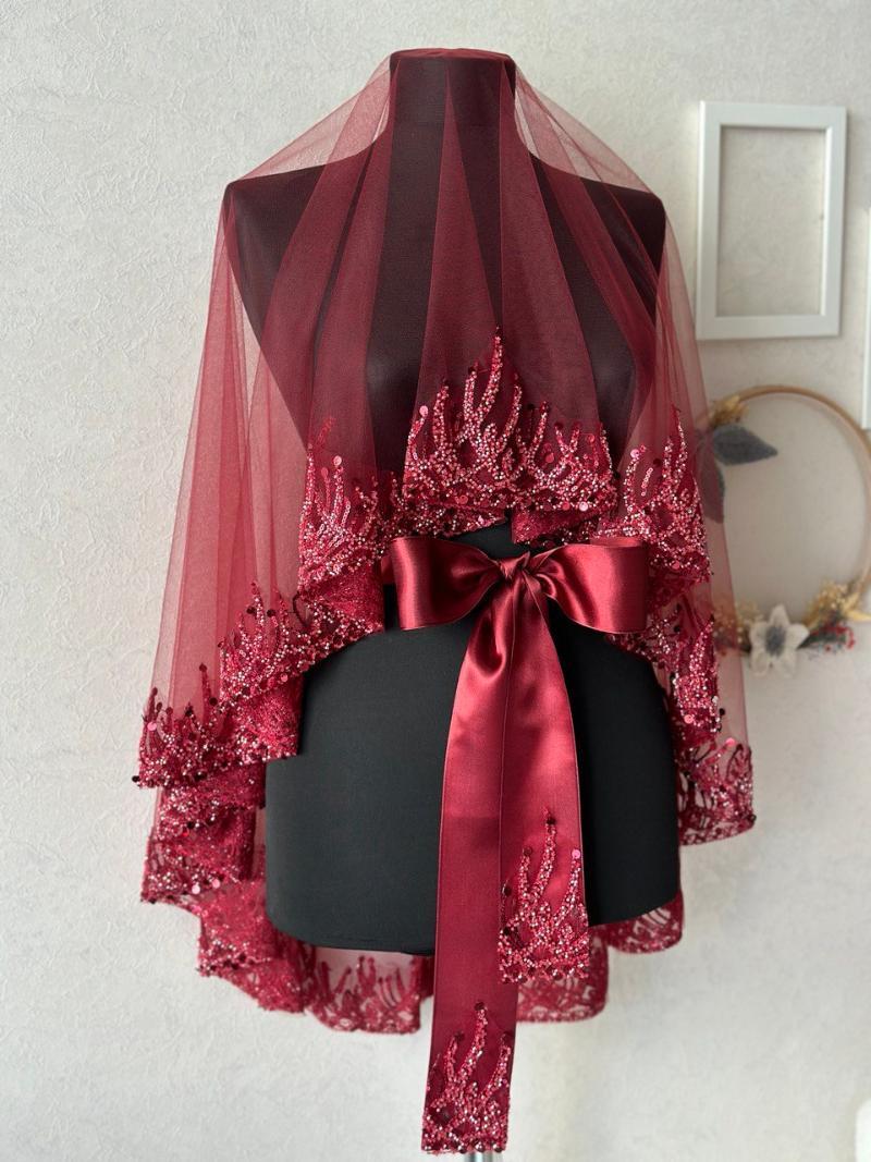 Alev Desenli Kırmızı Kına Duvak, Kuşak ve Eldiven Seti - Detay Görünümü