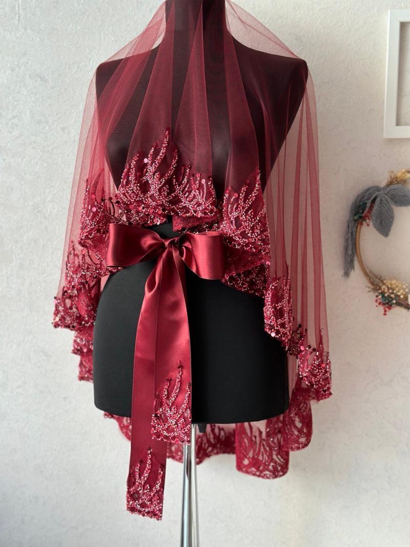 Alev Desenli Kırmızı Kına Duvak, Kuşak ve Eldiven Seti - Ön Görünüm