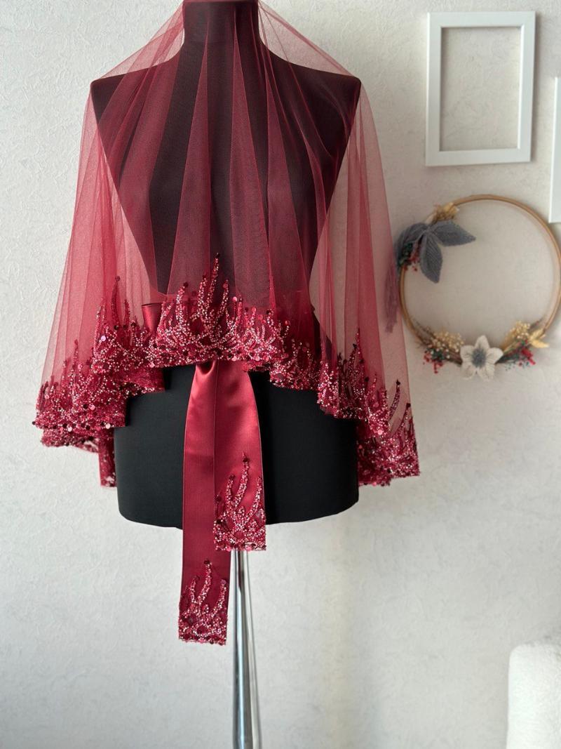 Alev Desenli Kırmızı Kına Duvak, Kuşak ve Eldiven Seti - Yan Görünüm