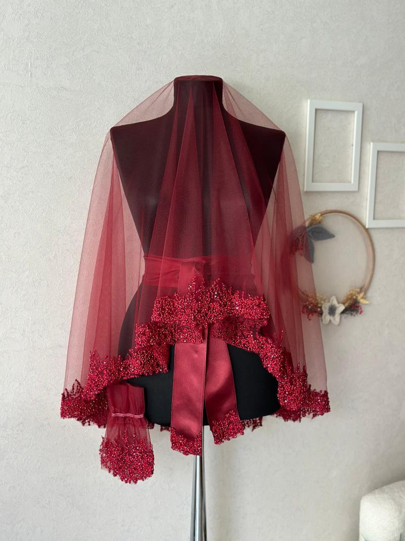 Burgundy Sequined Bride's Veil and Glove Set with Wavy Edge - Front View