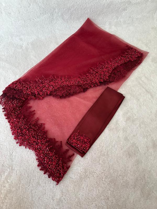 Burgundy Sequined Bride's Veil and Glove Set with Wavy Edge - veil
