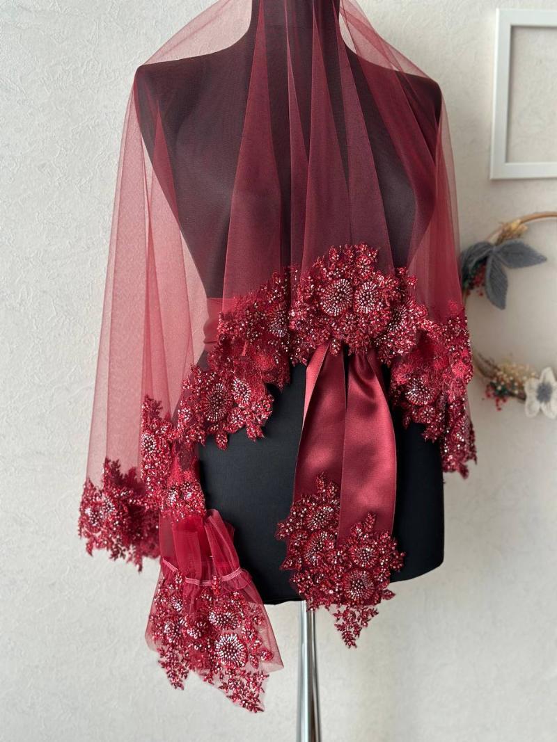 Burgundy Handmade Sequin Embroidered Henna Set (Veil, Sash, Gloves) - Detail View