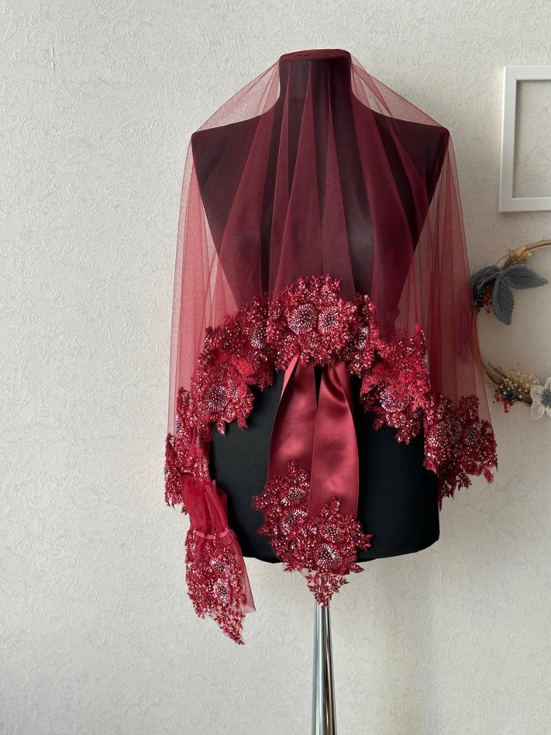 Burgundy Handmade Sequin Embroidered Henna Set (Veil, Sash, Gloves) - Side View