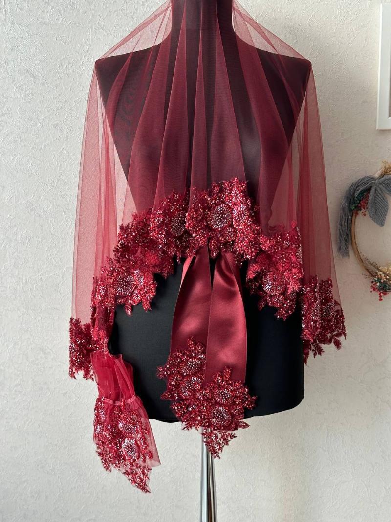 Burgundy Handmade Sequin Embroidered Henna Set (Veil, Sash, Gloves) - Front View