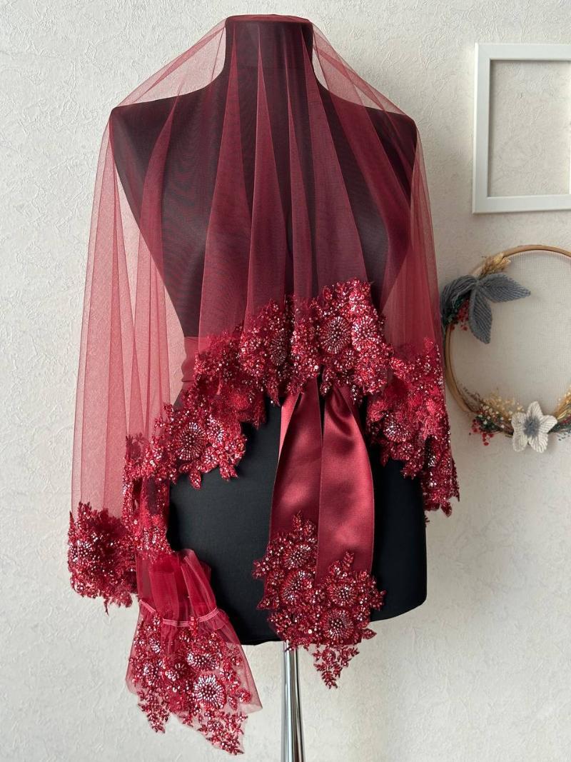 Burgundy Handmade Sequin Embroidered Henna Set (Veil, Sash, Gloves) - veil