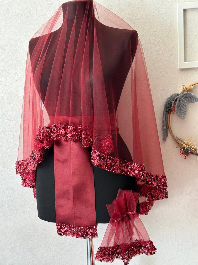 Bordo Geniş Saten Şeritli Gelin Duvağı / Modern Kına Örtüsü - Ön Görünüm