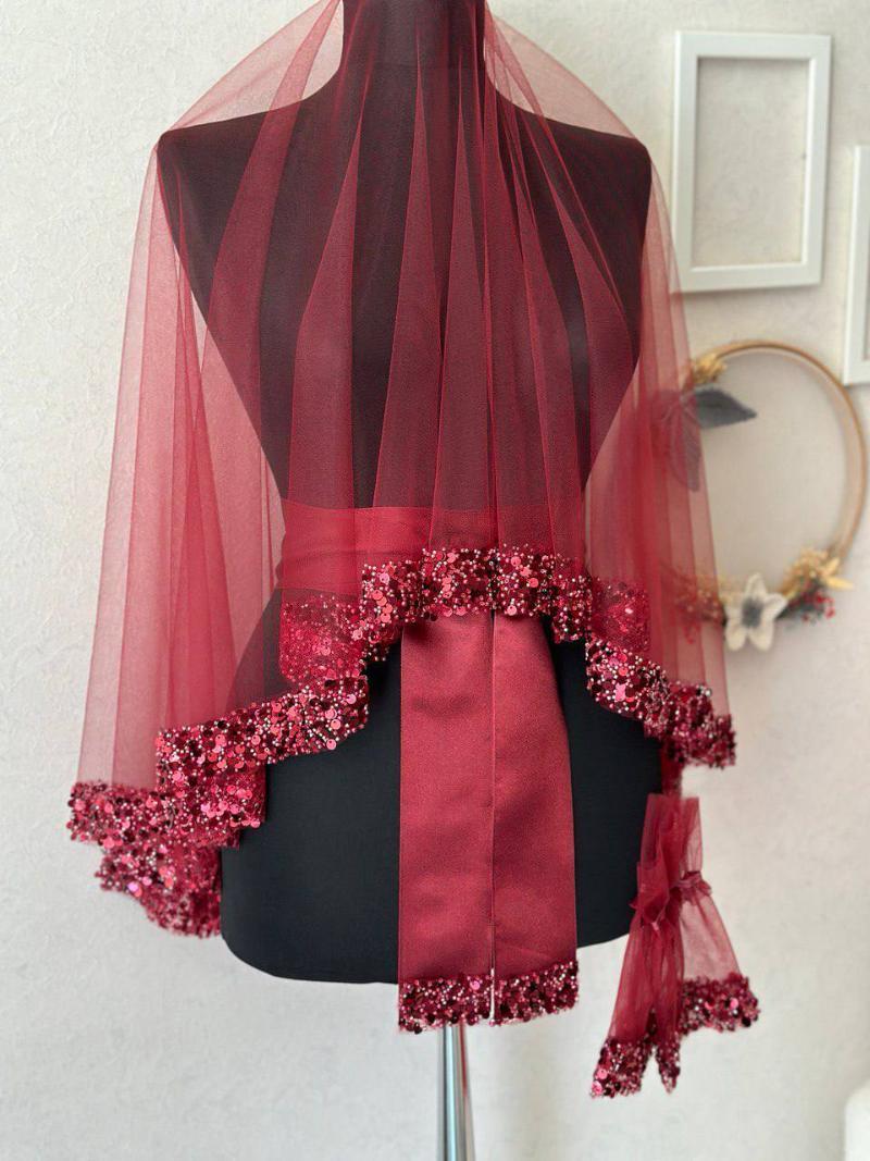 Bordo Geniş Saten Şeritli Gelin Duvağı / Modern Kına Örtüsü - veil
