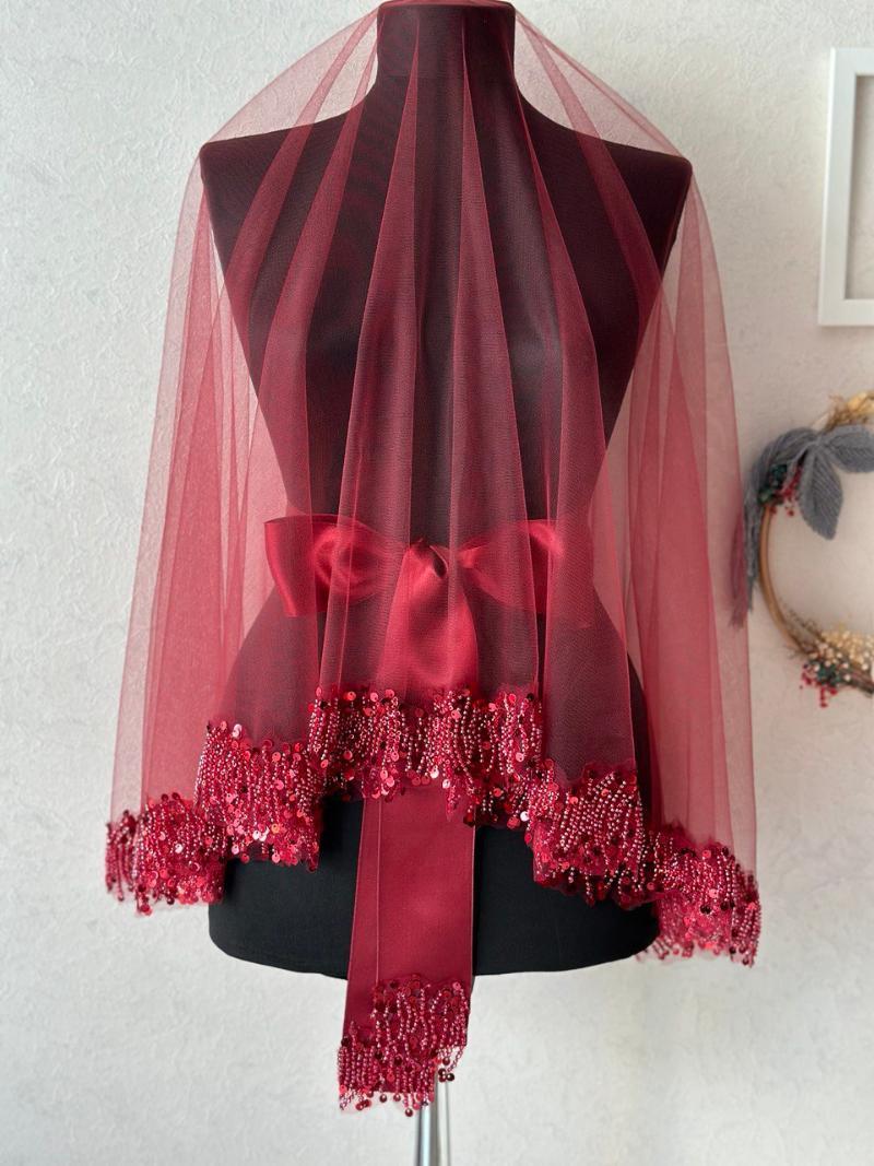 Burgundy Rhythm Patterned Sequined Bride's Veil and Glove Set - Front View