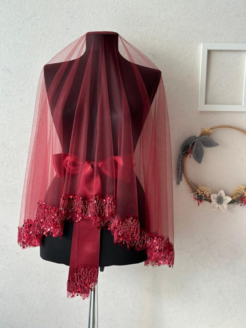 Burgundy Rhythm Patterned Sequined Bride's Veil and Glove Set - veil