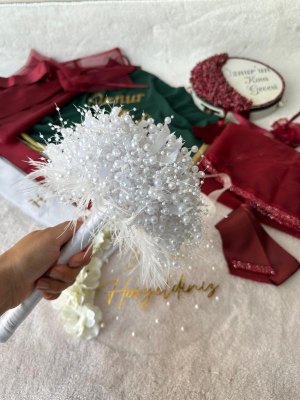 Yapay Çiçekli ve İncili Gelin El Buketi / Kalıcı Düğün Çiçeği - ornament