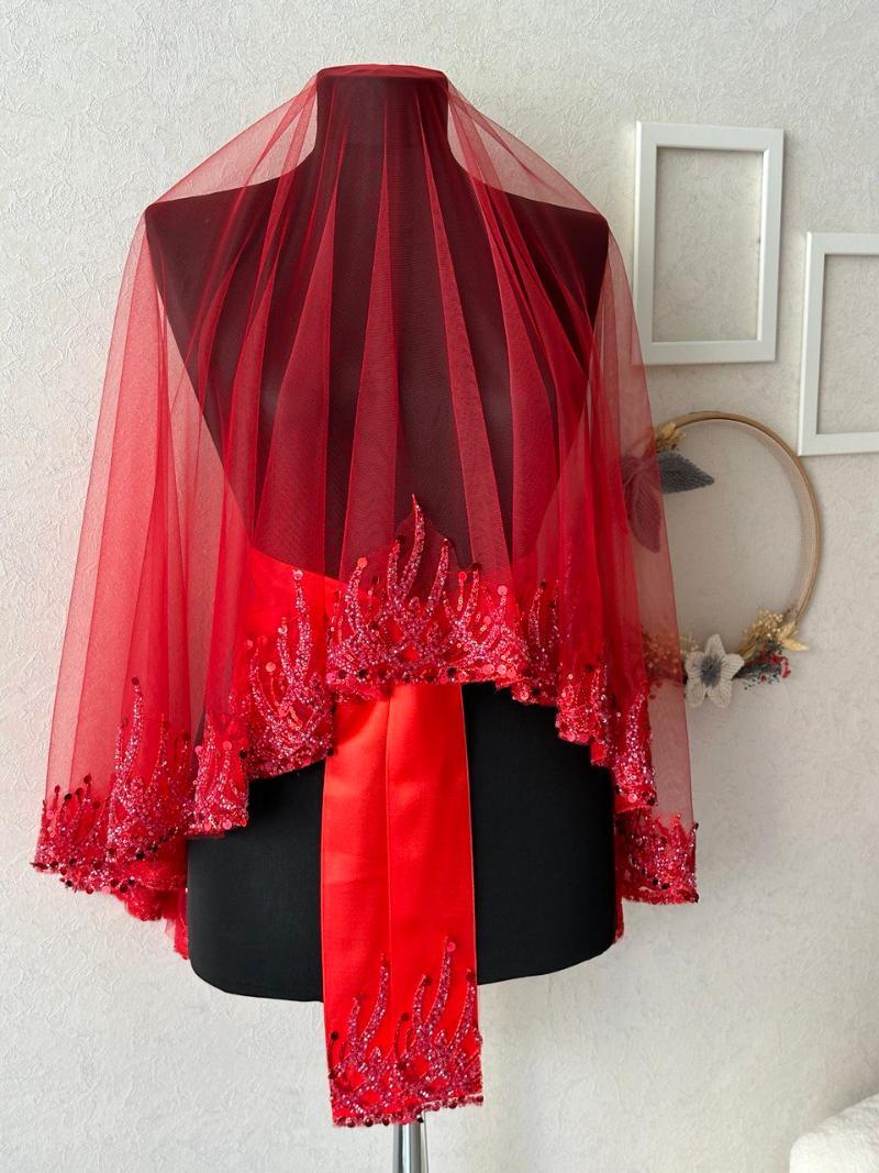 Dantelli Kırmızı Kına Duvağı, Kusak ve Eldiven Seti - veil