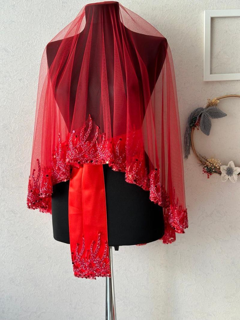 Dantelli Kırmızı Kına Duvağı, Kusak ve Eldiven Seti - Ön Görünüm