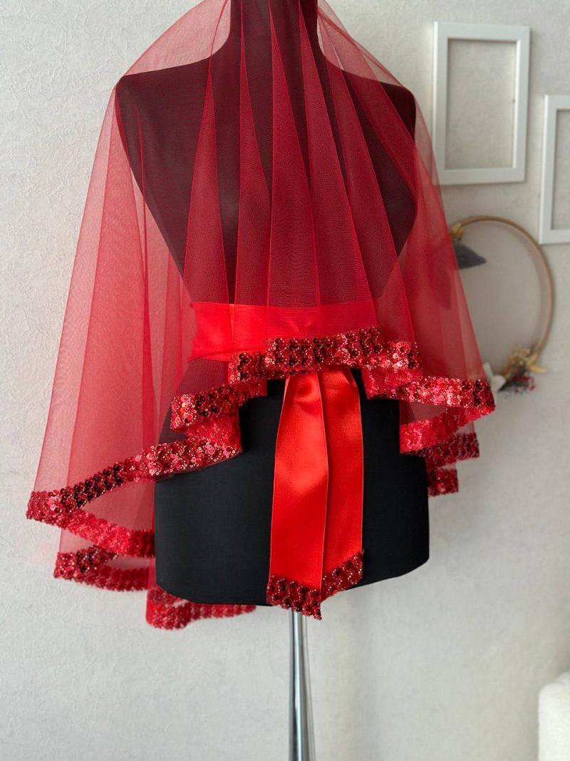 Traditional Sequined Red Bride's Sash and Veil - Side View