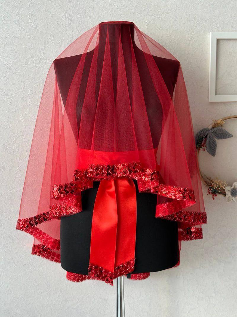 Traditional Sequined Red Bride's Sash and Veil - veil