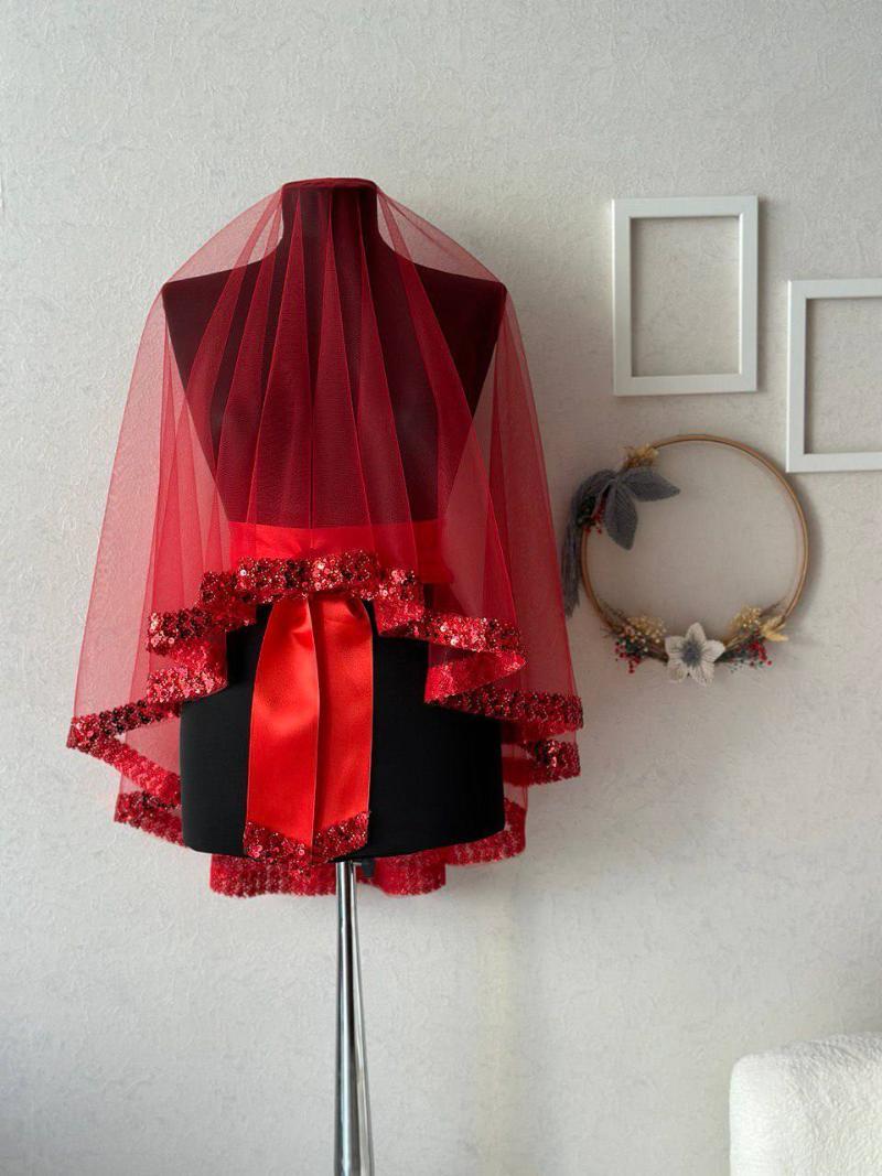 Traditional Sequined Red Bride's Sash and Veil - Front View