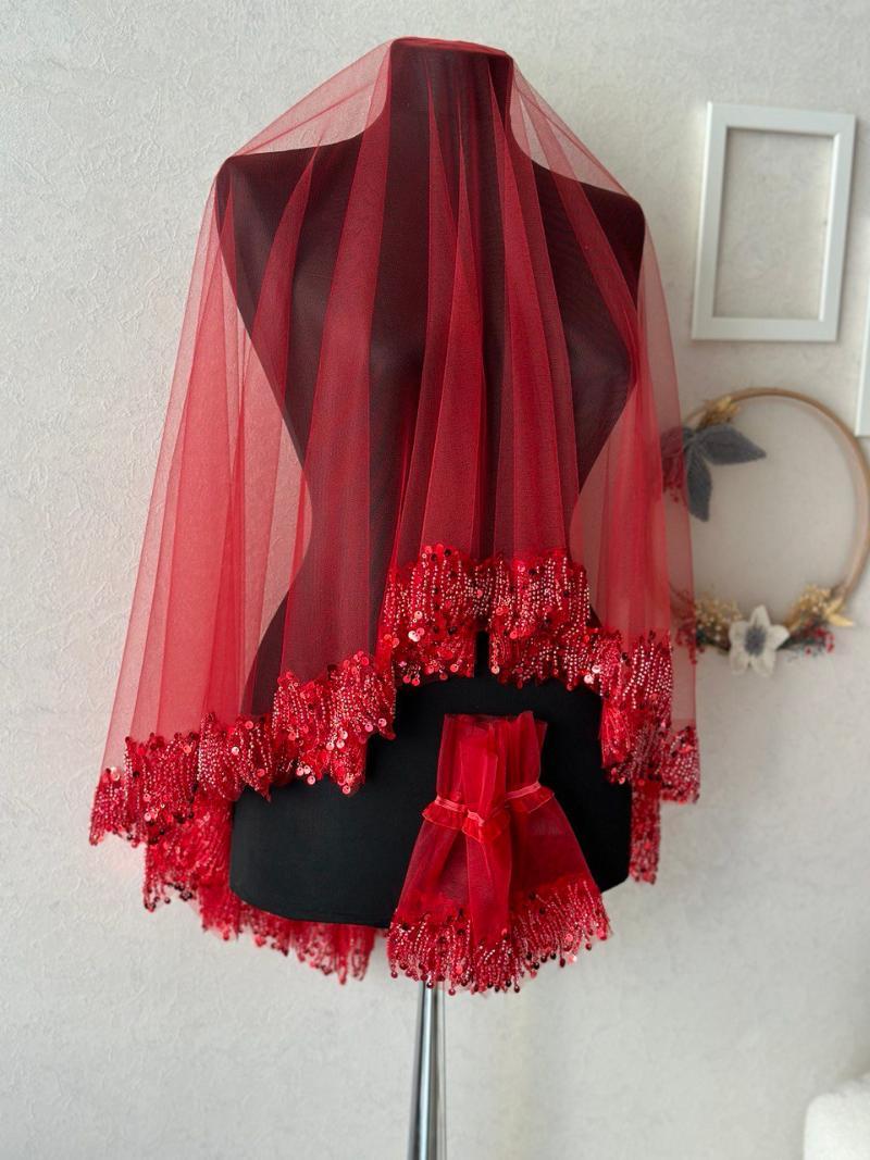 Red Rhythm Patterned Sequined Bride's Veil and Glove Set - Front View
