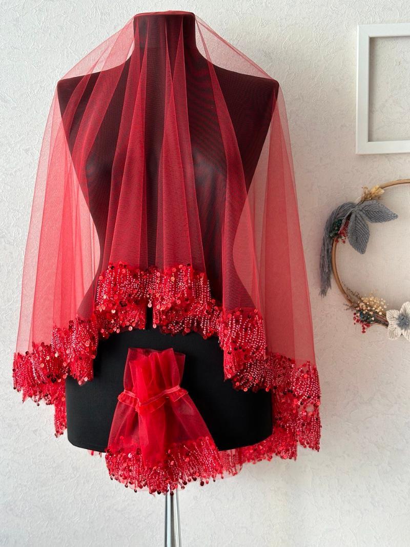 Red Rhythm Patterned Sequined Bride's Veil and Glove Set - veil
