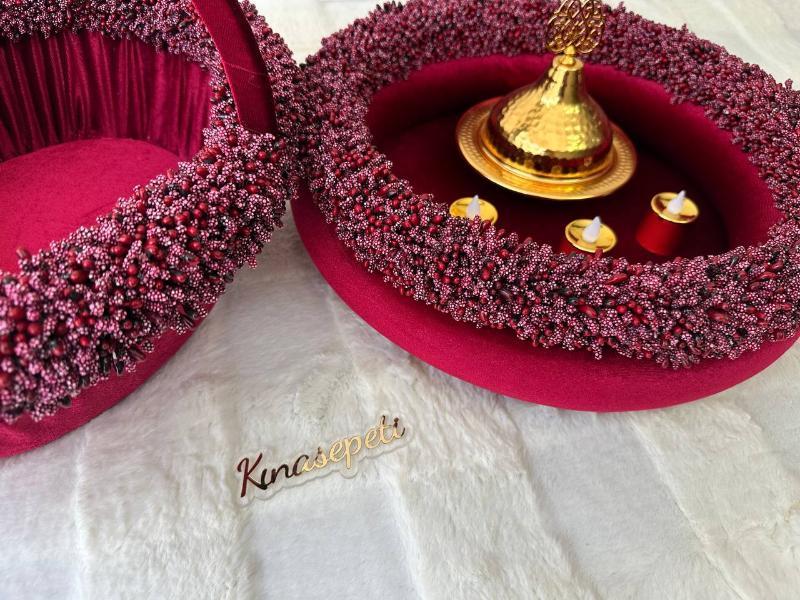 Bud Motif Henna Tray and Basket Set (Bowl, LED candles included!) - Front View