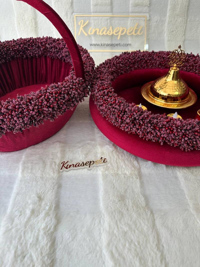 Bud Motif Henna Tray and Basket Set (Bowl, LED candles included!) - Side View