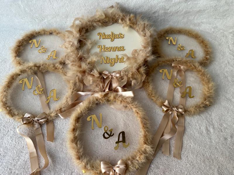 Personalized Beige Bridesmaid Tambourine with Name / Gift Henna Tambourine with Writing - Front View