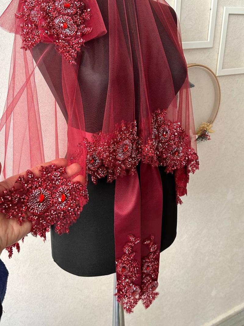 Bordo Kristal Taş ve Pul İşlemeli Lüks Gelin Duvağı / Kına Örtüsü - veil