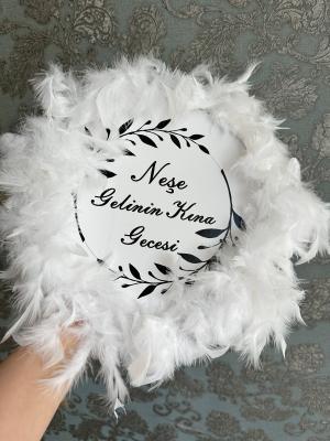 Kişiye Özel İsimli Beyaz Tüylü Gelin Defi / Yazılı Kına Tefi - tamborine