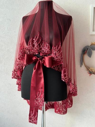 Flame Patterned Red Henna Veil, Sash, and Glove Set - veil