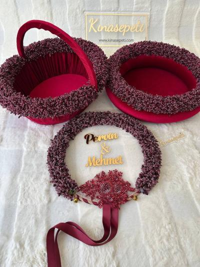 Personalized Burgundy Bud Patterned Henna Set with Plexiglass Tambourine (Tray, Basket, Tambourine with Writing) - hennaset