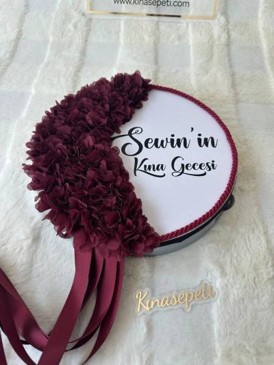 Kişiye Özel İsimli Bordo Gelin Defi / Lüks Yazılı Kına Tefi - tamborine