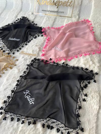 Personalized Handmade Pearl-Edged Halay Handkerchief with Name (Bride & Bridesmaid) - handkerchief