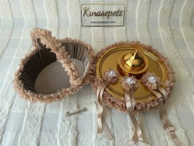 Beige Floral Motif Bohemian Henna Set (Tray, Basket, Bowl, 3 LED Candles) - hennaset