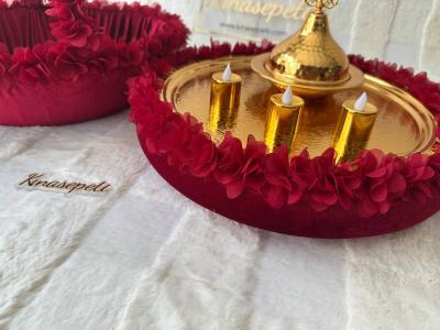 Red Floral Henna Tray and Basket Full Set (Includes Bowl and 3 LED Candles) - hennaset