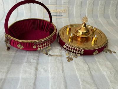 Traditional Red Henna Set with Ottoman Motif (Tray, Basket, Bowl, 4 LED Candles) - hennaset