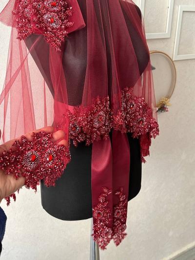 Bordo Kristal Taş ve Pul İşlemeli Lüks Gelin Duvağı / Kına Örtüsü - veil