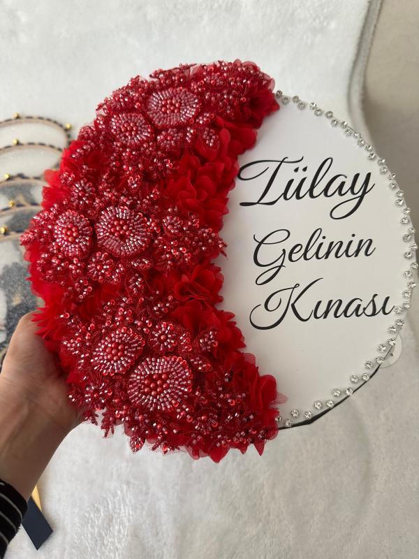 Kişiye Özel Yazılı, Çiçekli ve Pullu Kırmızı Gelin Defi / Lüks İşlemeli Kına Tefi - tamborine