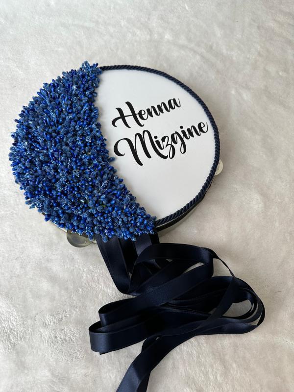 Mavi 'Gelin' Yazılı Tomurcuk Desenli Kına Defi / Modern Tef - tamborine