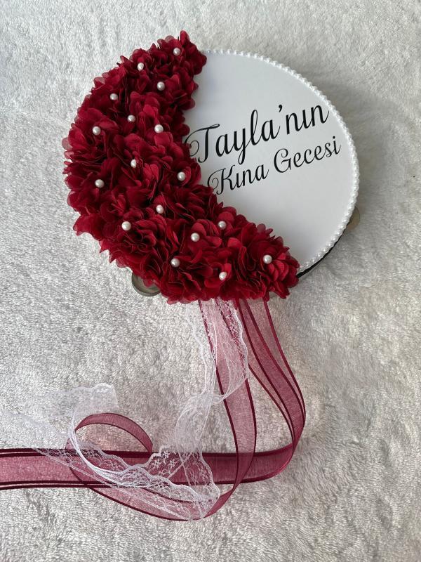 Personalized Bride's Tambourine with Writing, Flower and Bead Embroidery - tamborine