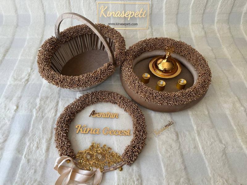 Kişiye Özel Bej Tomurcuk Desenli Kına Tepsisi, Sepeti ve Gelin Defi Seti - hennaset