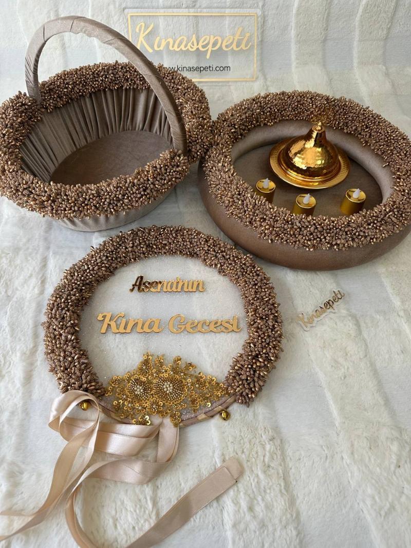 Kişiye Özel Bej Tomurcuk Desenli Kına Tepsisi, Sepeti ve Gelin Defi Seti - Ön Görünüm