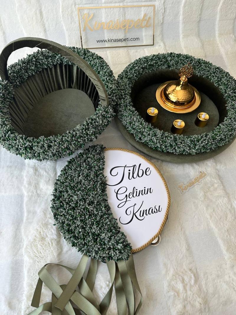 Green Bud Patterned Full Henna Set (Tray, Basket, Tambourine with Writing, Bowl, 3 LED Candles) - Detail View