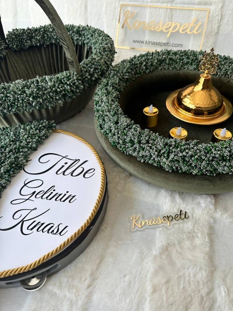 Green Bud Patterned Full Henna Set (Tray, Basket, Tambourine with Writing, Bowl, 3 LED Candles) - Front View