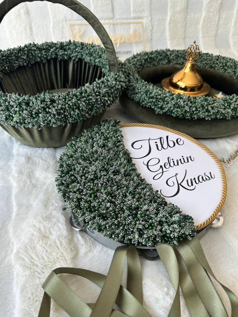 Green Bud Patterned Full Henna Set (Tray, Basket, Tambourine with Writing, Bowl, 3 LED Candles) - Side View