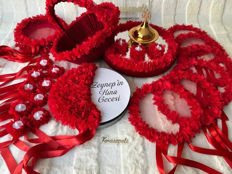 Kişiye Özel İsimli Pleksi Detaylı Kadife Kına Tepsisi ve Sepeti Seti - Detay Görünümü