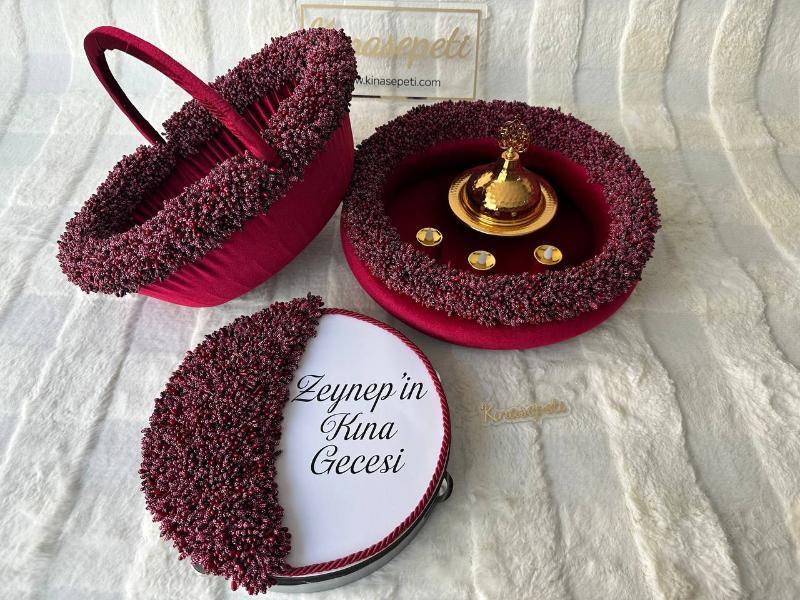 Personalized Burgundy Bud Patterned Henna Set (Tray, Basket, Tambourine with Writing) - hennaset