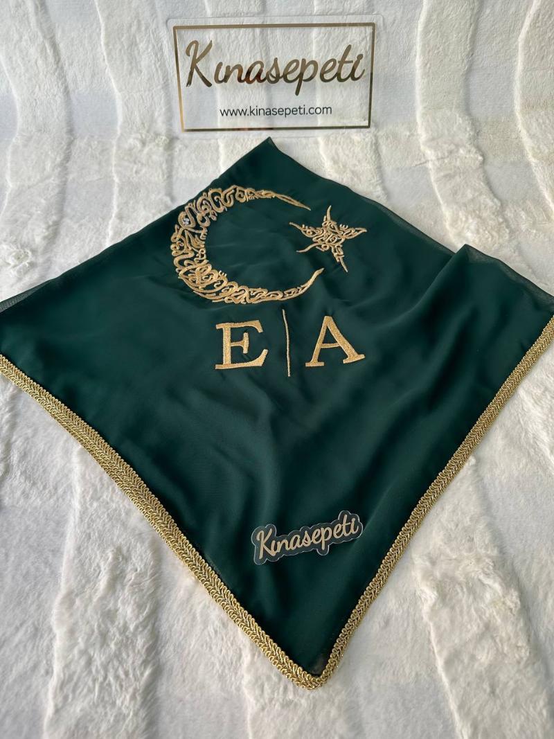 Traditional Green Groom's Shoulder Sash with Crescent-Star and "Groom" Writing / Soldier's Henna Scarf - Detail View