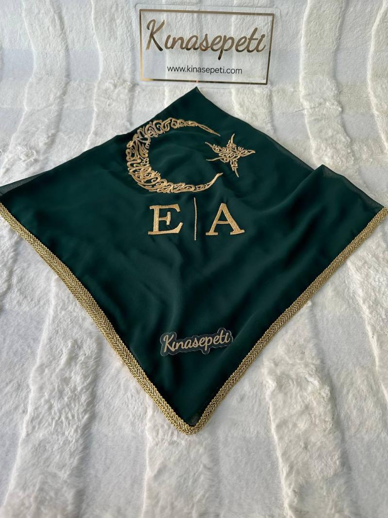 Traditional Green Groom's Shoulder Sash with Crescent-Star and "Groom" Writing / Soldier's Henna Scarf - Front View
